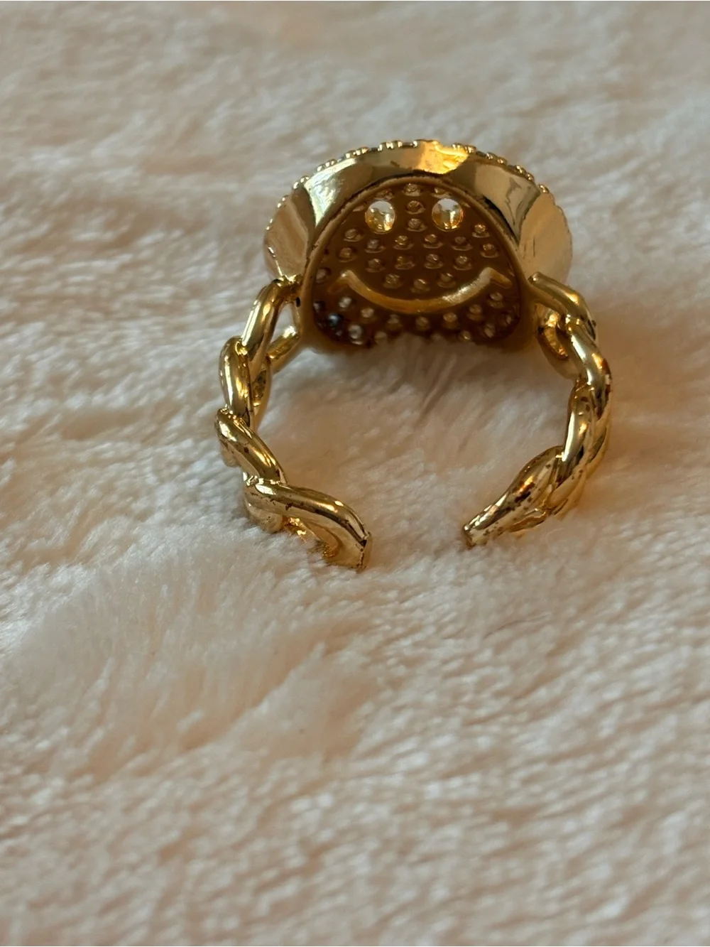 Gold Smiley Face & Pink Flower Adjustable Ring